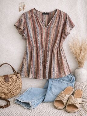 Zac & Rachel Boho Blouse Paisley Stripe V Neck Flutter Sleeve Top Size L